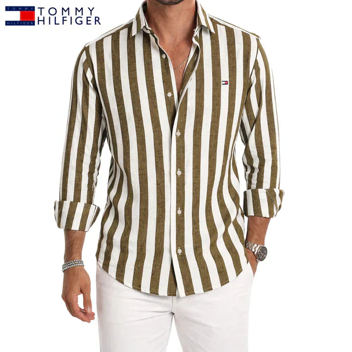 T.H™ | Chemise Homme Lin Rayures Larges Manches Longues