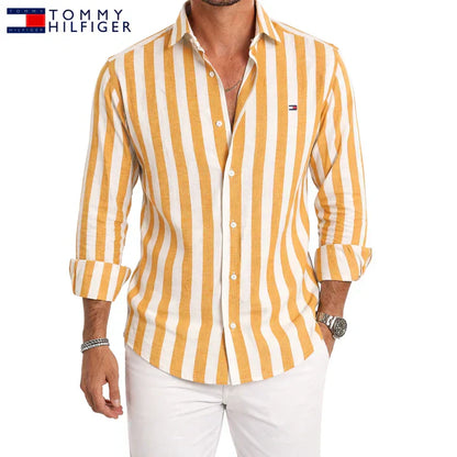 T.H™ | Chemise Homme Lin Rayures Larges Manches Longues