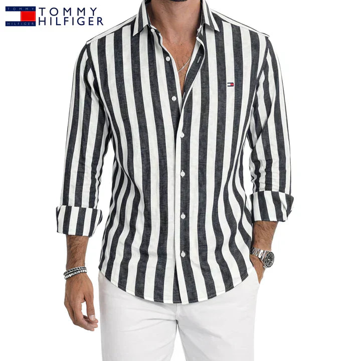 T.H™ | Chemise Homme Lin Rayures Larges Manches Longues