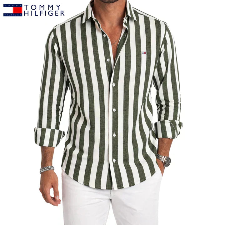 T.H™ | Chemise Homme Lin Rayures Larges Manches Longues