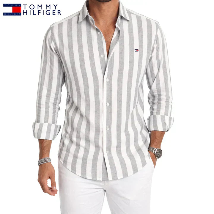 T.H™ | Chemise Homme Lin Rayures Larges Manches Longues