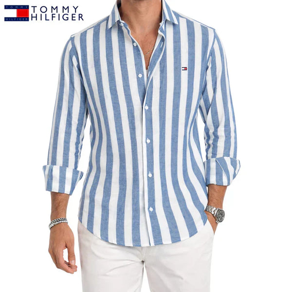 T.H™ | Chemise Homme Lin Rayures Larges Manches Longues