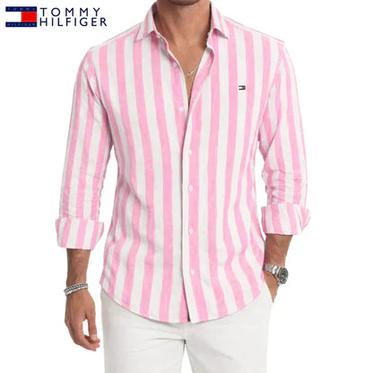 T.H™ | Chemise Homme Lin Rayures Larges Manches Longues