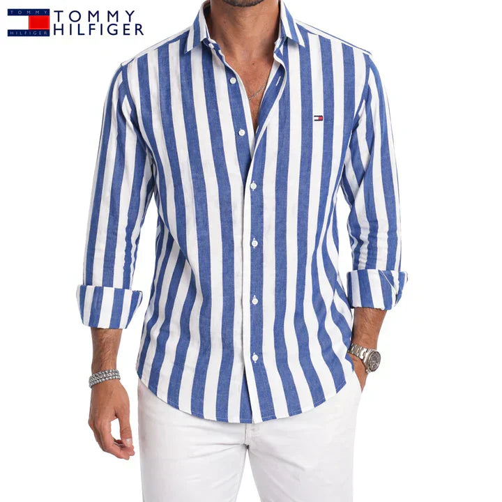 T.H™ | Chemise Homme Lin Rayures Larges Manches Longues