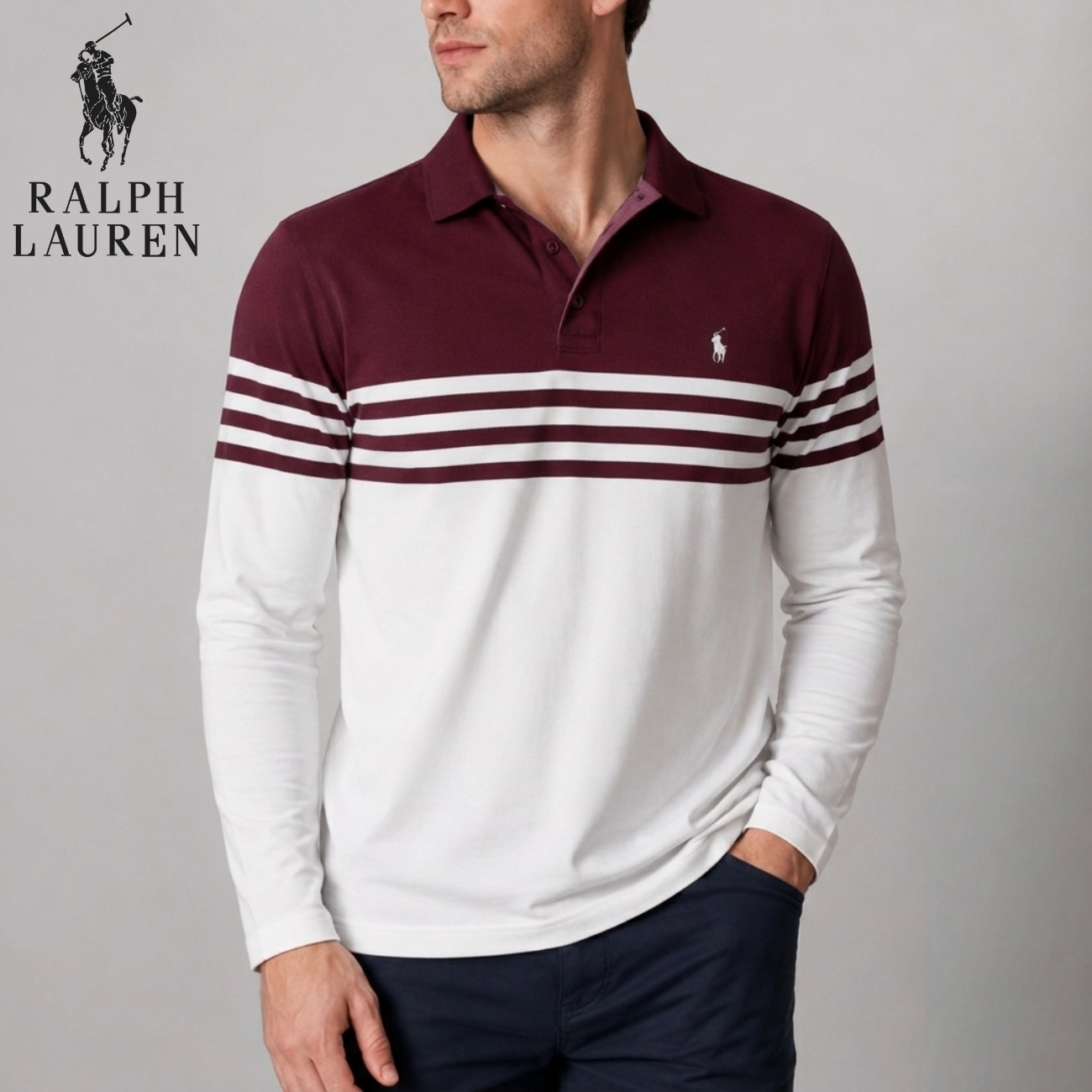 Long-Sleeve Stripe Polo || Clearance Sale